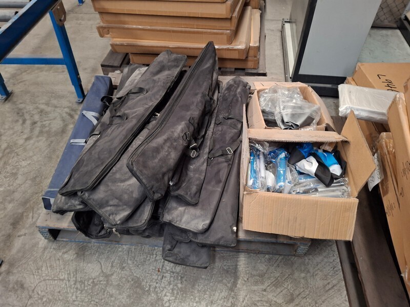 Pallet Of Flags, Flag Stands And Inflatable Tubes