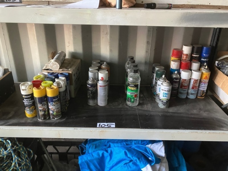 Assorted Site Market Spray Cans, Galvanised Coating Spray Cans, Expanding Foam Cans and Methylated Spirit Bottles