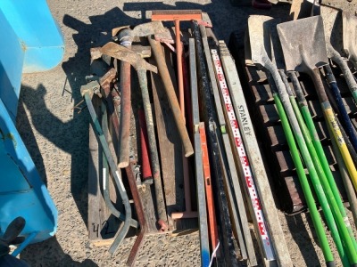 Pallet Of Levellers, Extendable Measuring Sticks, Pickaxes and Sledgehammers